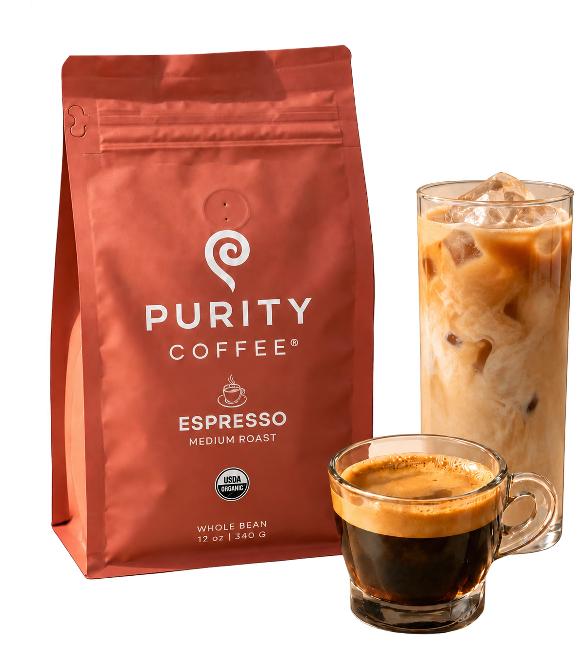Purity Espresso Roast bag beside a shot of espresso and an iced latte